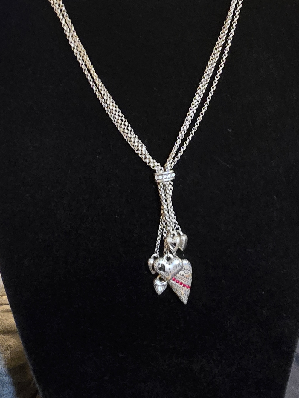 Retired Brighton "Raining Hearts" Silver Lariat Heart Necklace with Red Accents
